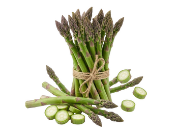 Ein Bund grüner Spargel vor weißem Hintergrund. Zusammengebunden mit einem braunen Band. Drum herum einzelne Spargelstangen und Spargelscheiben.