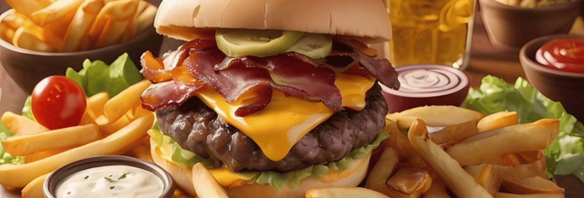 Das Bild zeigt einen sehr fetten Burger, der von Pommes umgeben ist.