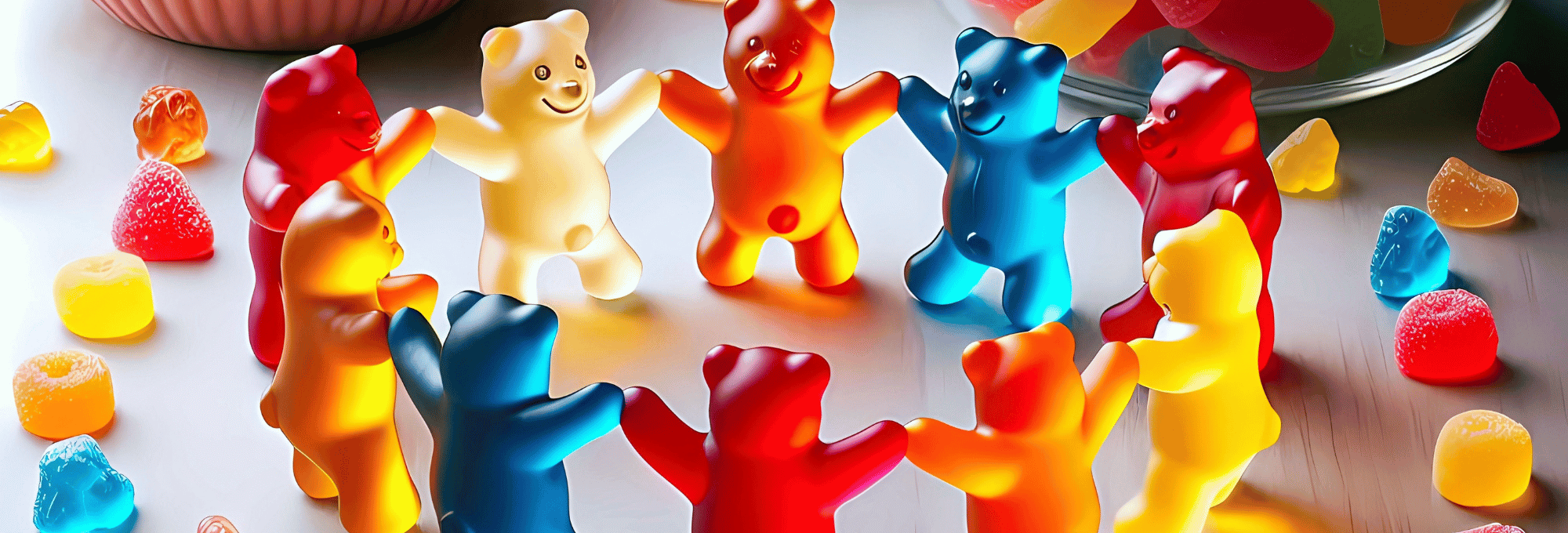Das Bild zeigt eine Gruppe bunter Gummibärchen